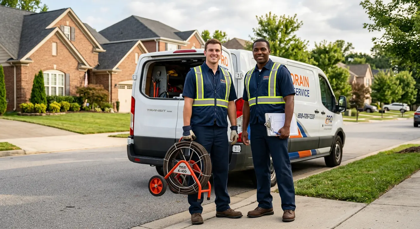 Sewer and drain service team with equipment ready for work in Akron