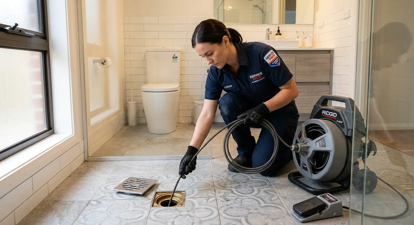 Technician clearing a bathroom floor drain for Hydro Jetting in Akron